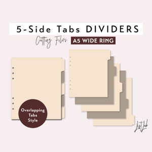 A5 ANCHO Tamaño del anillo 5 Divisores de pestañas LATERALES - Estilo de pestañas superpuestas - Conjunto de archivos de troquelado - svg, png, pdf / planificador diy