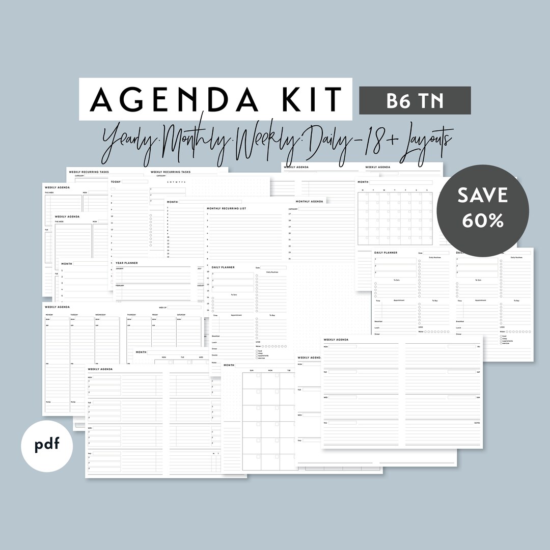 B6 TN Agenda Kit |traveler's Notebook Inserts | Minimalist Planner (PDF ...