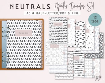 A5 and Half-letter Ring MONTHS Dividers Set - Printable PDF - Neutrals Theme