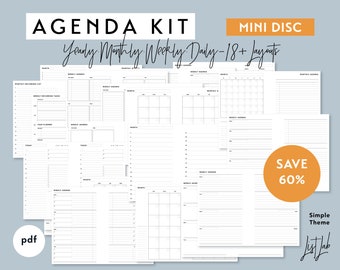 Mini Disc AGENDA KIT | Printable Minimalist Discbound Planner Inserts Set | Simple - 18+ layouts | Yearly, Monthly, Weekly, Daily Undated