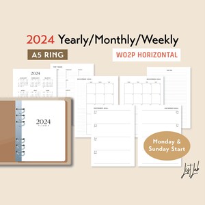 A5 Ring 2024 Yearly Monthly Weekly HORIZONTAL Printable Planner Insert Set, Wo2p Printable, Week on 2 Pages