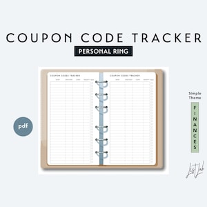 Puede incluir: Un rastreador de códigos de cupón imprimible para una carpeta de anillas personal. El rastreador tiene dos páginas con columnas para tienda, descuento, código, validez y usado. Las páginas son beige con un borde azul claro. El texto "Coupon Codes Tracker" está en la parte superior de cada página. El texto "Simple Theme" está en la esquina superior derecha de la imagen. El texto "FINANCES" está en la esquina inferior derecha de la imagen. El texto "List Lab" está en la esquina inferior derecha de la imagen.