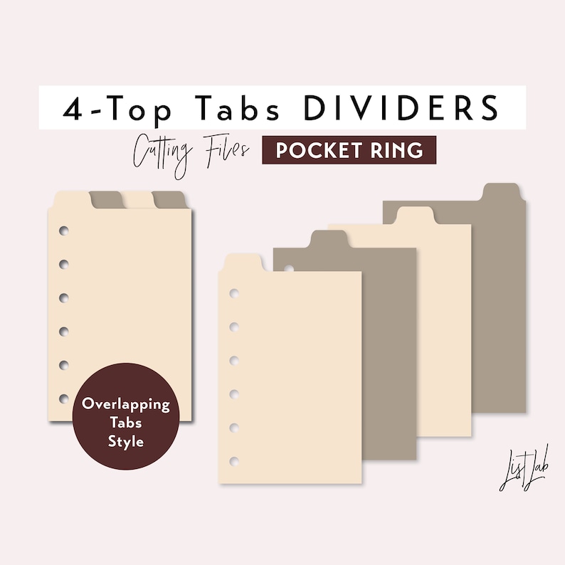 POCKET Ring 4 TOP Tab Dividers Overlapping Tabs Die Cutting Files Set Ring Planner Cutting Templates svg, png, pdf diy planner image 1