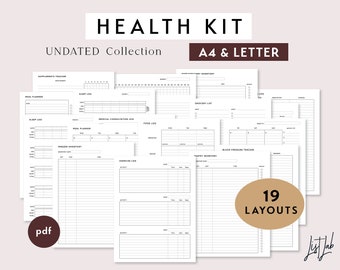 A4 & Letter Size HEALTH KIT | Printable Minimalist Ring Planner Inserts Set | 19 layouts, Meal Planner, Food Exercise, Wellness Planner