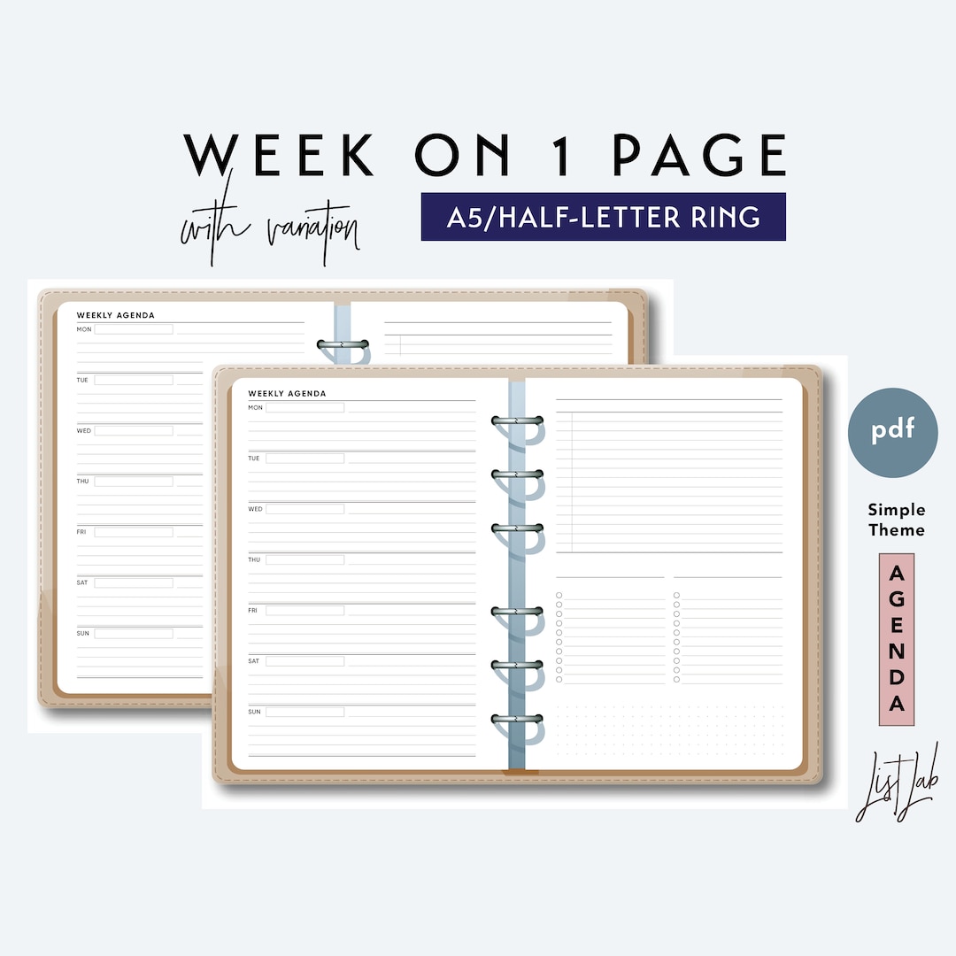 A5 and Half-letter Week on 1 Page Variation Set - Printable Ring ...