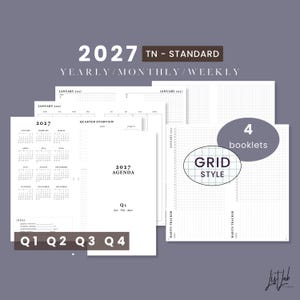 Op de afbeelding: Een set van vier 2027 TN-standaard plannerboekjes in rasterstijl met jaar-, maand- en weekindelingen. De pagina's bevatten een 2027-kalender, kwartaaloverzicht, Q1-agenda en gewoonte-trackers met duidelijke zwarte tekst op wit papier.