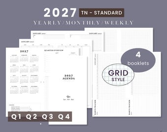 Standard TN 2027 Pre-arranged Printable Bundle - Weekly Wo2P Horizontal | Traveler's Notebook Predated 4 Booklets Insert Set - GRID Style