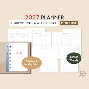 2027 Mini Disc Årlig Månadsvis Veckovis Wo2p Horisontell LINJERAD Stil Utskrivbar Skivbunden Planner Insats Set, DIY Planner