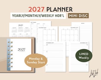 2027 Mini Disc Yearly Monthly Weekly Wo2p Horizontal LINED Style Printable Discbound Planner Insert Set, DIY Planner