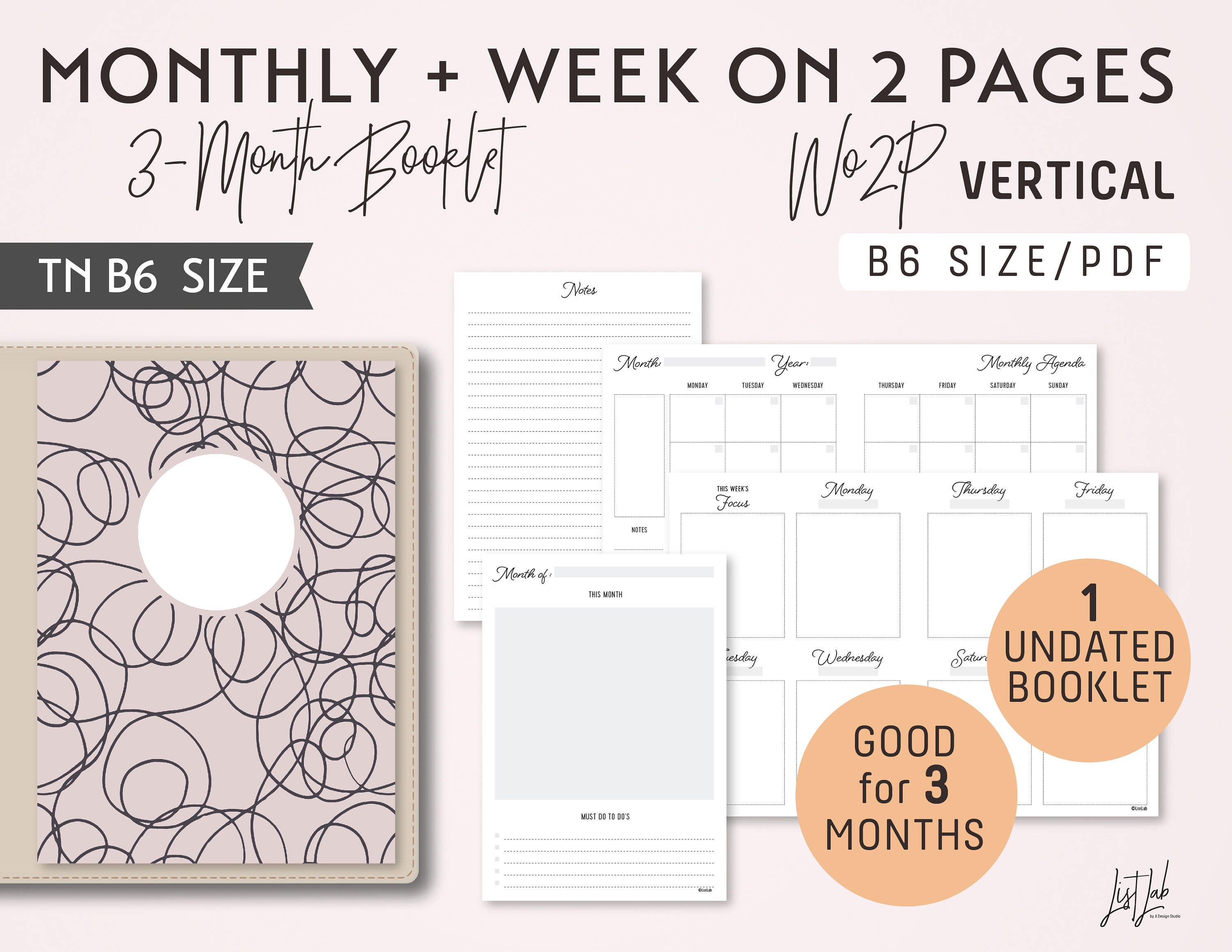 B6 Monthly-Weekly Vertical Unlined Printable Booklet Insert | Etsy
