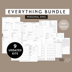 May include: A collection of white planner pages with various layouts, including trackers, lists, and calendars. The text "EVERYTHING BUNDLE" and "PERSONAL RING" are at the top. A black circle indicates "9 UNDATED KITS". The image also states "142+ layouts".