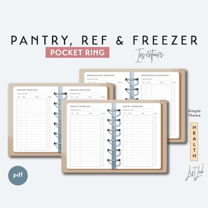 May include: A set of four printable inventory lists for a pantry, refrigerator, and freezer. The pages are designed for a pocket ring binder and feature a simple theme with a light brown background and blue and white accents. The text "Inventories" is written in a handwritten font.