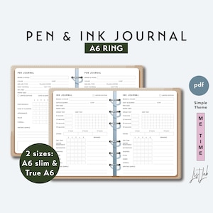 Könnte beinhalten: Ein Stift- und Tintenjournal mit einem A6-Ringbuchdesign. Das Journal hat einen beigefarbenen Einband und detaillierte Seiten zur Aufzeichnung von Stift- und Tinteninformationen. Der Text "PEN & INK JOURNAL" und "A6 RING" sind oben abgebildet.