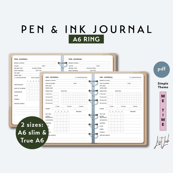 A6 Ring Pen and Ink Journal Set - Printable Ring Planner Insert PDF - Simple Theme