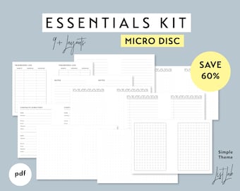 MICRO DISC Essentials Kit | Druckbare Minimalistische Discbound Einlage Set | pdf | Einfach - 9+ Layouts - Dot Grid, Liniert, Notizen, Listen