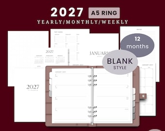 2027 A5 Ring Yearly Monthly Weekly Wo2p BLANK HORIZONTAL Printable Planner Insert Set