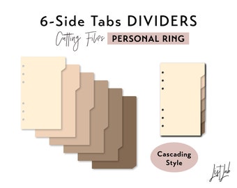 Pode incluir: Seis divisores de abas de seis lados para uma pasta de argolas pessoal. As abas estão em um estilo em cascata e são bege, marrom claro, marrom médio e marrom escuro. O texto "Cutting Files PERSONAL RING" está na parte superior da imagem.
