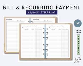 A5 and Half-Letter Daily BILL Tracker and RECURRING PAYMENT Log Set - Printable Ring Planner Insert - Simple Theme