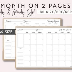 May include: Printable monthly planner template in B6 size. The template has two pages, one for the month and one for a monthly agenda. The month page has space for notes and the monthly agenda page has space for each day of the week. The template is designed for use with a traveler's notebook.