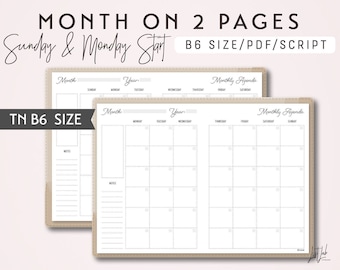 B6 TN Month on 2 Pages - Sunday Start and Monday Start - Printable Traveler&#39;s Notebook Insert - Script Theme