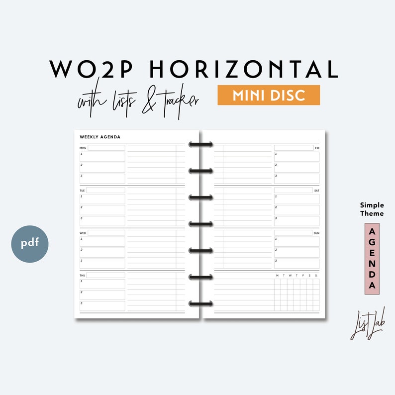 MINI Discbound Wo2P Weekly Horizontal - with Lists and Tracker | Printable Minimalist Discbound Planner Insert | pdf | Simple Theme