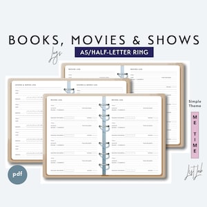 A5 y media letra LIBROS, PELÍCULAS, ESPECTÁCULOS Conjunto de registros / Anillo imprimible / Inserciones de planificador en disco Conjunto pdf / Tema simple