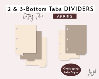 May include: A set of two and three tab dividers for an A9 ring binder. The dividers are beige and brown with overlapping tabs. The text "Cutting Files" and "A9 RING" are visible in the image. The text "Overlapping Tabs Style" is also visible in the image.