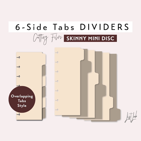 Skinny Mini 6 SIDE TAB DIVIDERS | Discbound Die Cutting Files Set | Planner Cutting Templates - Overlapping Tabs svg, png, pdf | diy planner