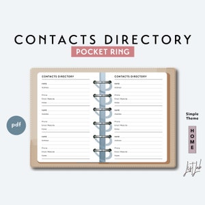 May include: A brown leather bound pocket-sized contacts directory with a silver ring binder. The directory has a simple theme and the text "CONTACTS DIRECTORY" and "POCKET RING" is printed on the front cover.