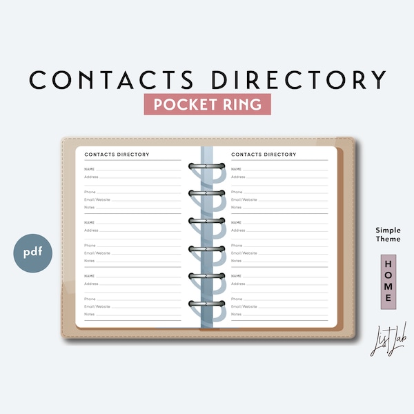 Pocket Ring CONTACTS DIRECTORY  | Printable Minimalist Ring Planner Insert | pdf | Simple Theme