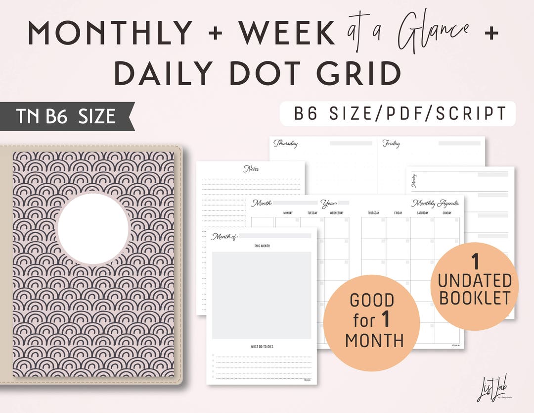 B6 Size Monthly-weekly-daily Dot Grid TN Printable Booklet Insert - Etsy UK