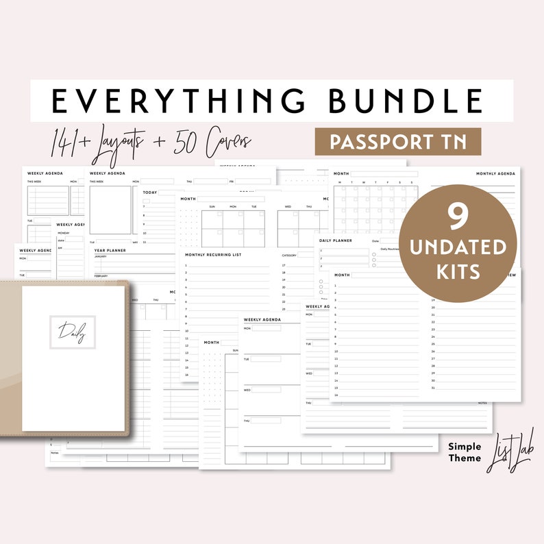 EVERYTHING BUNDLE for Passport size Traveler's Notebook - Printable UNDATED Set - Simple Theme image 1