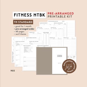 May include: A printable fitness notebook kit with a brown and white color scheme. The kit includes a variety of pages for tracking fitness goals, workouts, and progress. The kit is pre-arranged and includes 48 pages. The text "Fitness NTBK Pre-Arranged Printable Kit" is at the top of the image.
