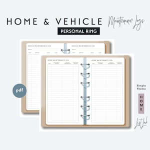 May include: A printable PDF template for a home and vehicle maintenance log. The template is designed for a personal ring binder and features a simple theme with a light brown background and gray text. The template includes sections for vehicle maintenance, home maintenance, date, service, shop, cost, appliance, system, description, warranty, and notes.