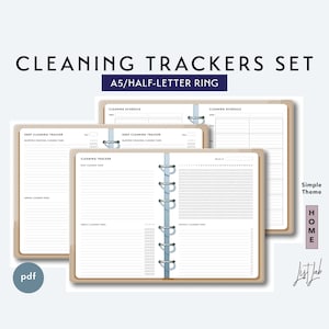 May include: A set of three printable cleaning trackers in a simple theme. The trackers are designed for A5 or half-letter size ring binders. The trackers include a deep cleaning tracker, a daily cleaning tracker, and a cleaning schedule.