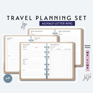 Conjunto de PLANEJAMENTO DE VIAGEM A5 e meia letra - Inserção de planejador de anel para impressão - Tema simples