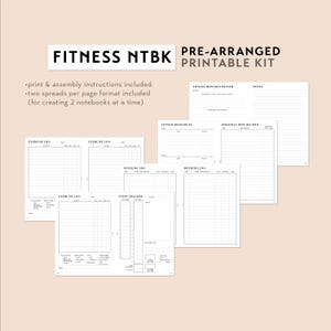 May include: Printable fitness notebook kit with pages for exercise logs, running logs, and a steps tracker. The kit includes instructions for assembly and is designed to create two notebooks.