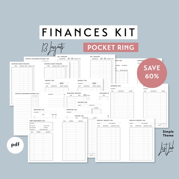 Pocket Ring FINANCES KIT | Printable Minimalist Ring Planner Inserts Set | Simple - 13 layouts, Income, Expenses, Savings, Bill Trackers