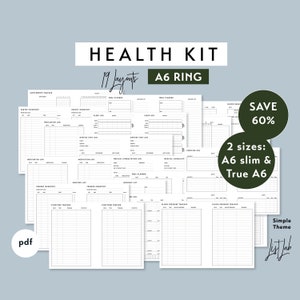 May include: A printable health kit with 19 different layouts for tracking health information. The kit includes pages for meal planning, sleep logs, medication logs, grocery lists, freezer inventory, symptom trackers, and more. The kit is designed for A6 ring binders and is available in two sizes: A6 slim and True A6. The kit is available in a simple theme with black text on a white background.