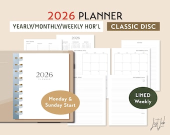 2026 CLASSIC Disc Yearly Monthly Weekly Wo2p HORIZONTAL Printable Discbound Planner Insert Set, DIY Planner