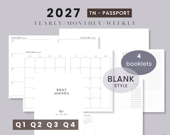 Passport TN 2027 BLANK Style Printable Notebook Set - Weekly Wo2P Horizontal | Traveler's Notebook Predated 4 Booklets