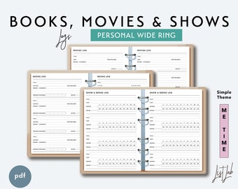 Puede incluir: Un conjunto de páginas de registro imprimibles para llevar un registro de libros, películas y programas. Las páginas están diseñadas para una carpeta de anillas ancha personal y presentan un tema sencillo con un fondo marrón claro y texto negro.