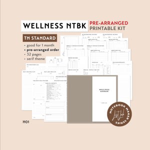 Può includere: Un kit di quaderni di benessere stampabile con uno schema di colori marrone e bianco. Il kit include 32 pagine ed è pre-organizzato in un formato TN standard. La copertina presenta il testo "WELLNESS notebook" e un logo che dice "NOTEBOOK List Lab MAKER SERIES".