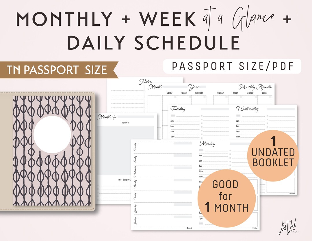PASSPORT Size Monthly-weekly-daily Schedule TN Printable Booklet Insert ...