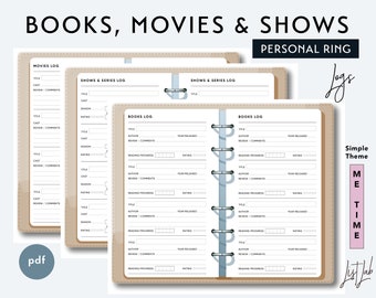May include: A printable planner with three sections for logging books, movies, and shows. The planner has a simple theme with a brown background and a blue and white ring binder.