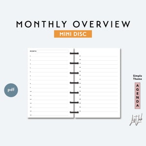MINI DISCBOUND Monthly List Overview | Printable Minimalist Discbound Planner Insert | pdf | Simple Theme | Month at a Glance