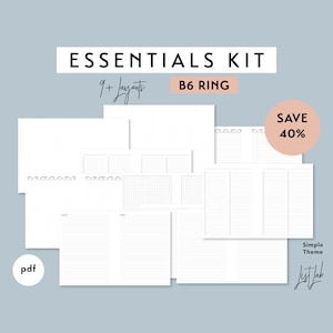 May include: A collection of white planner inserts with various layouts, including dot grid, lined, and to-do list pages. The text "ESSENTIALS KIT" and "B6 RING" are displayed at the top. A circular graphic indicates a 40% discount. The word "pdf" is also visible.