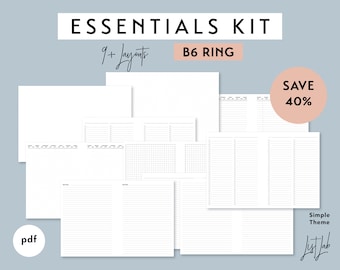 B6 Ringgröße ESSENTIALS KIT | Druckbares minimalistisches Ringplaner-Einlegeset | PDF | Einfaches Design, über 9 Layouts – Punktraster, Linien, Notizen, Listen