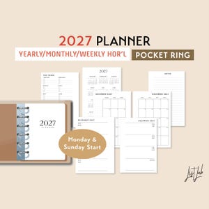 Könnte beinhalten: Ein 2027 Taschen-Ringplaner-Set mit jährlichen, monatlichen und wöchentlichen horizontalen Layouts. Die weißen Seiten enthalten Aufgabenlisten, Notizen und Kalendergitter mit Montag- und Sonntag-Startoptionen. Ein brauner Ordner hält die Seiten.