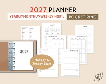 2027 POCKET Ring Yearly Monthly Weekly Wo2p HORIZONTAL Printable Planner Insert Set, DIY Planner